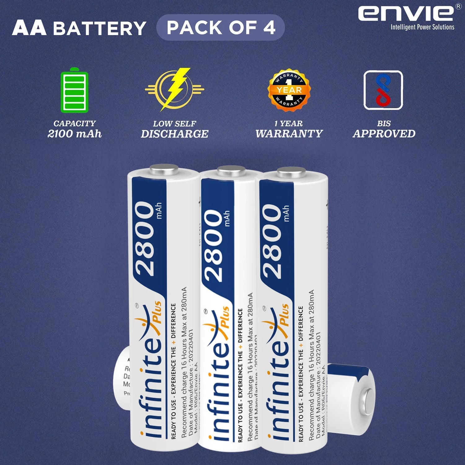 ENVIE (AA28004PL) AA Rechargeable Batteries | High Capacity Ni-MH | 2800 mAh | Low Self Discharge | Pre-Charged (Pack Of 4) - cambuy-lives