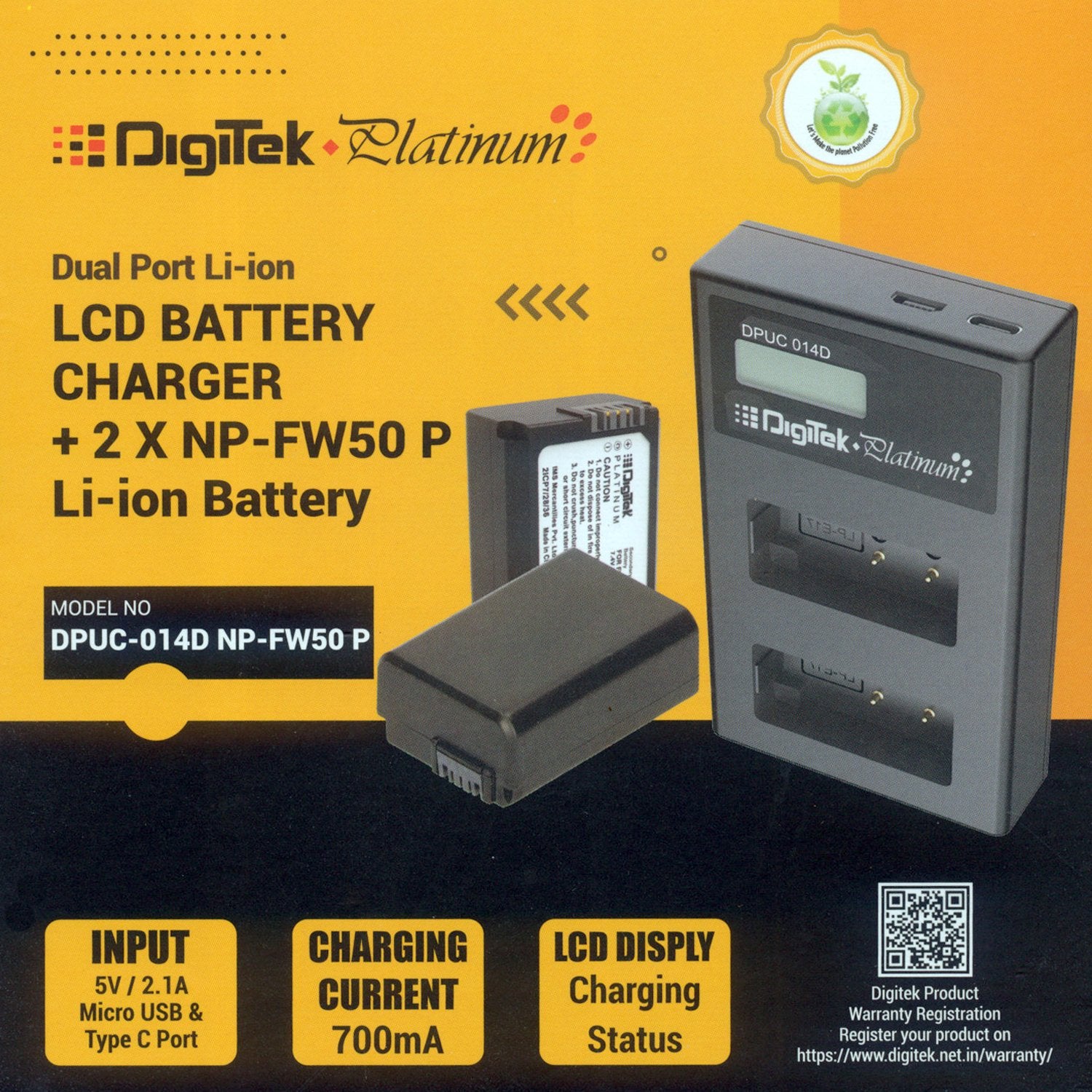 Digitek Platinum Dual Port Li-ion LCD Battery Charger with 2 Nos of NP-FW50 Platinum Li-ion Battery Combo Pack (DPUC-014 D NP-FW50P) - cambuy-lives