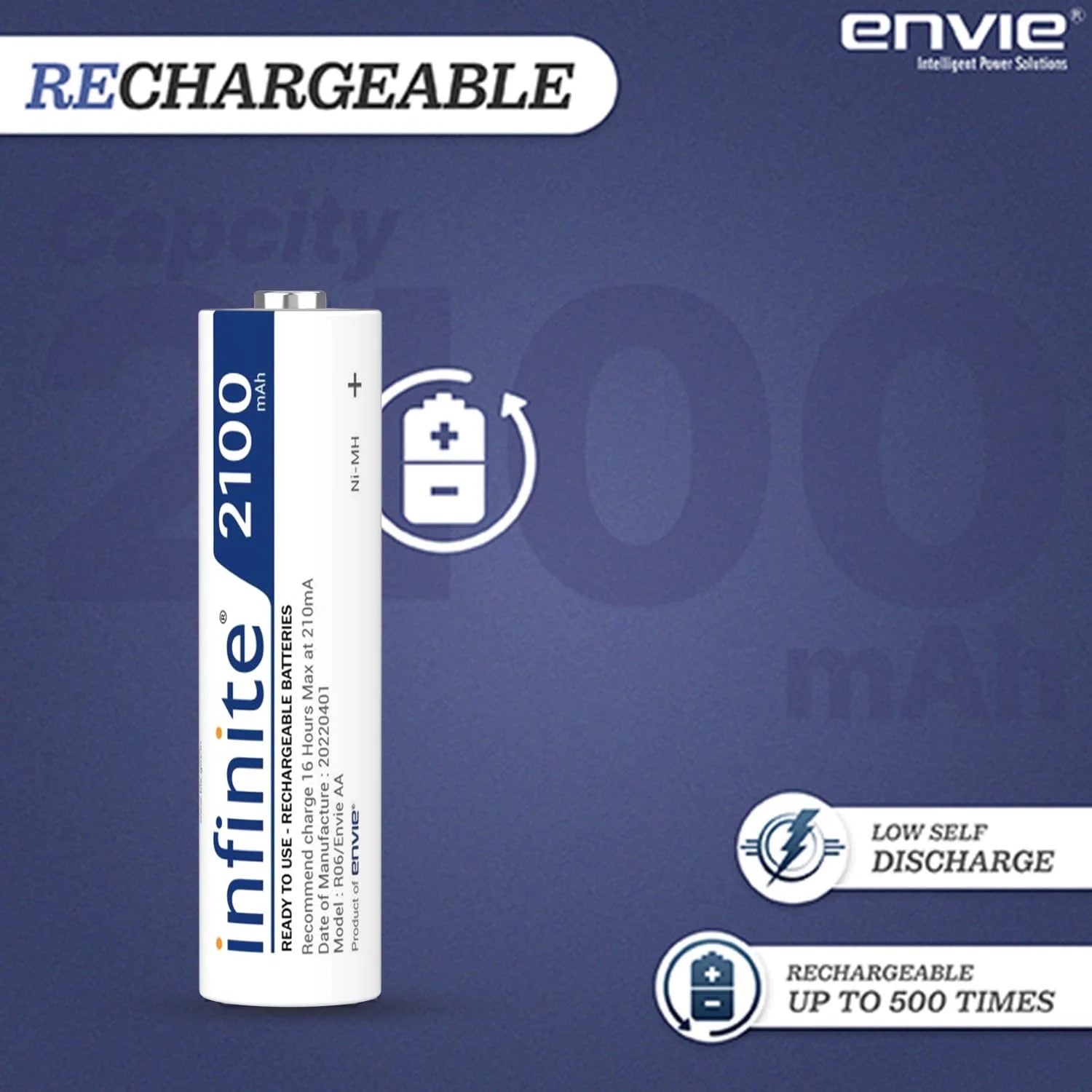 ENVIE (AA2100 4PL) Pack of 4, AA Ni-Mh 2100mAh Capacity Rechargeable Battery - cambuy-lives