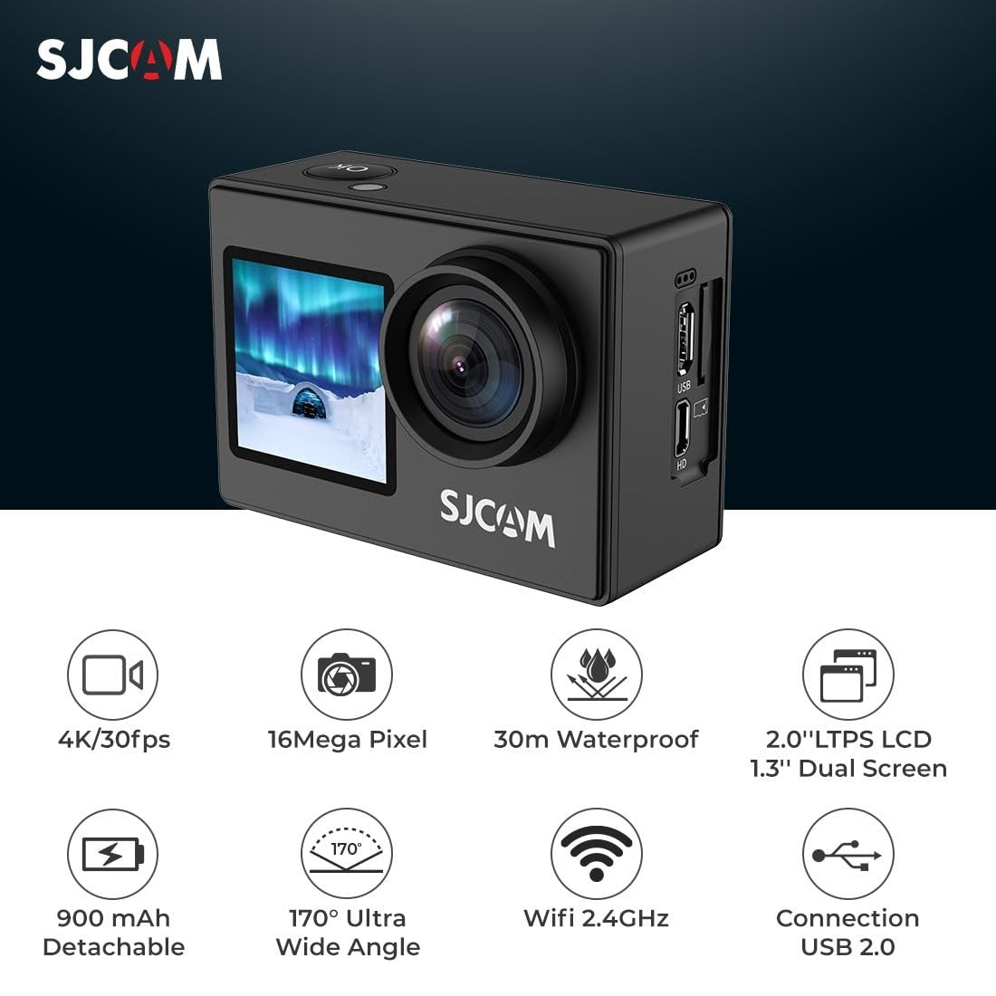 SJCAM SJ4000 Dual Screen 4K 30FPS/16MP WiFi Action Camera | 170? Ultra Wide Angle | 2.0''LTPS LCD+1.3'' Dual Screen | 30M Waterproof with Waterproof Case | Black - cambuy-lives
