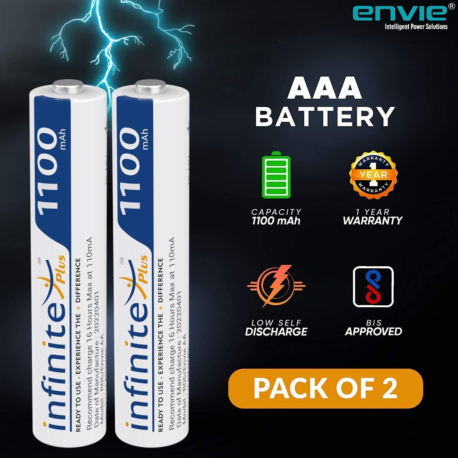 ENVIE AAA Rechargeable Batteries, High-Capacity Ni-MH 1100 mAh, Low Self Discharge, Pre-Charged (Pack of 2) (AAA11002PL) - cambuy-lives