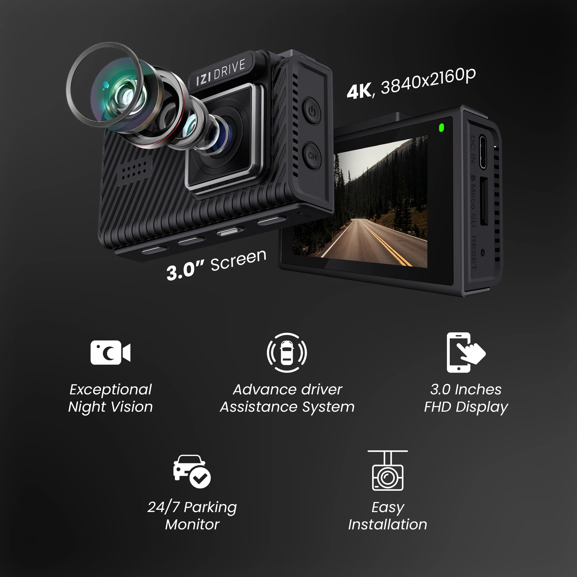 IZI DRIVE 4K Dash Camera with GPS, 3inch FHD Screen + IZI Drive Dash Cam USB Hardwire Cable Kit for 24 Hour Parking Monitoring Combo - cambuy-lives